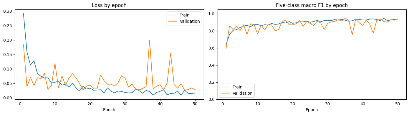 Training and validation loss alongside five-class macro F1 over 50 epochs for the strike model.